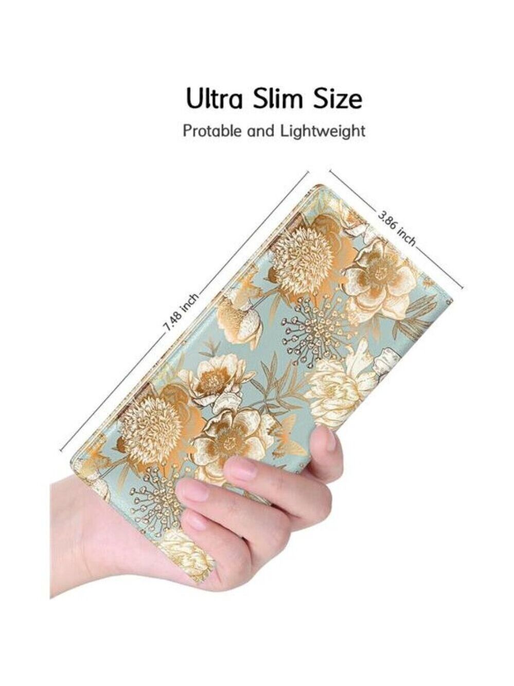 Women's Wallet, RFID Slim Wallets for women's Blue and Gold Flowers Desing - Picture 2 of 7